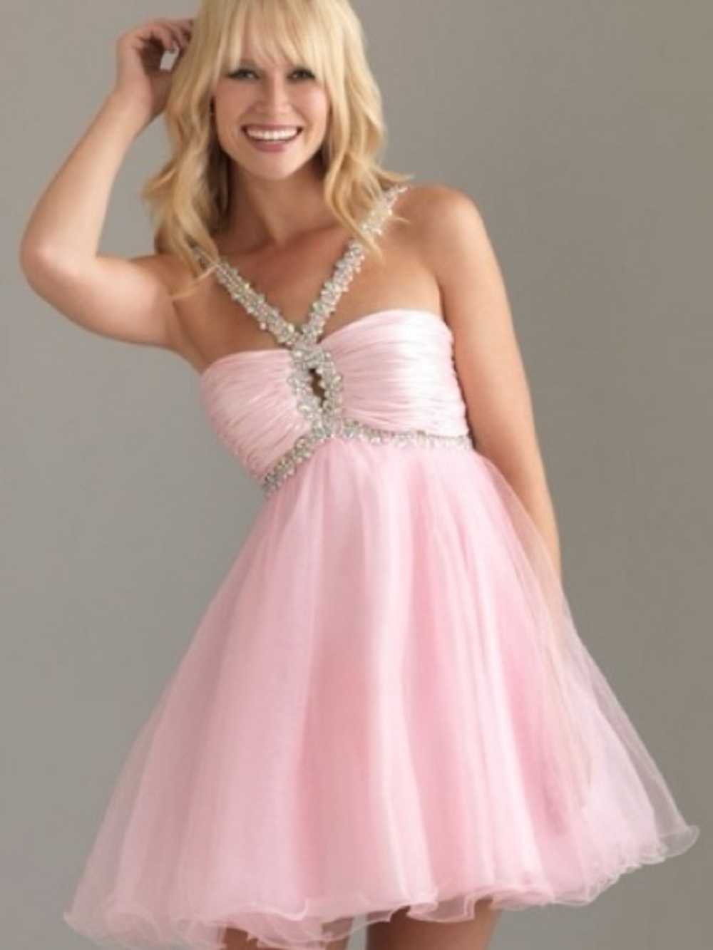 Sherri Hill Light Pink Tulle Cocktail Dress with Crystal Straps